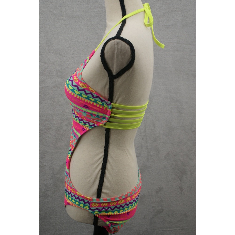 OP Ocean Pacific Womens Neon Tribal Print Monokini Cutout Swimsuit Multi M 7-9 - Picture 2 of 13